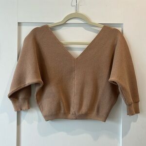 Princess Polly Love More Knit V Neck Crooped Sweater Top Tan 3/4 Sleeve S/M